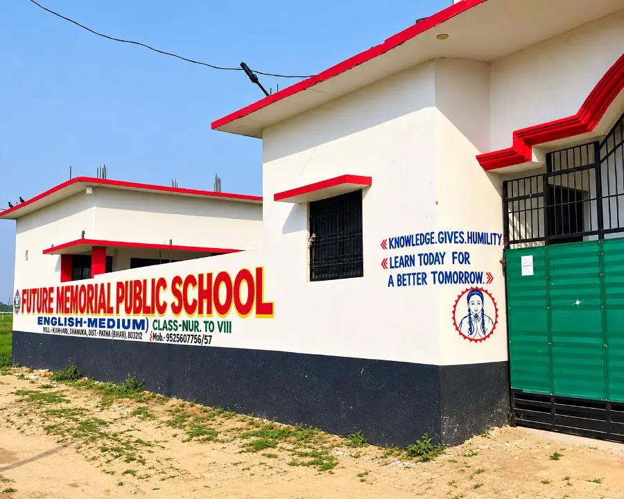 The school building and its front wall